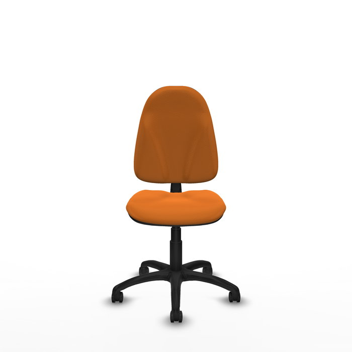 Silla de oficina Algarra con mecanismo Contacto permanente básico tapizada con Similpiel color Naranja. Equipada con Base poliamida negra, Sin brazos y Ruedas de parqué