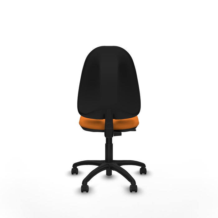 Silla de oficina Algarra con mecanismo Contacto permanente básico tapizada con Similpiel color Naranja. Equipada con Base poliamida negra, Sin brazos y Ruedas de parqué