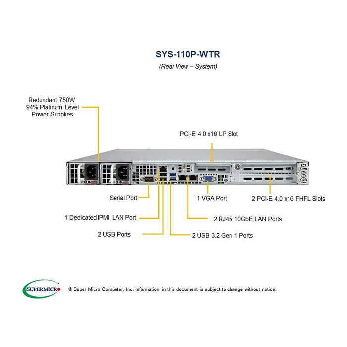 Supermicro SYS-110P-WTR Servidor Barebone 1U Rack Intel Xeon DDR4-SDRAM SATA III 750W