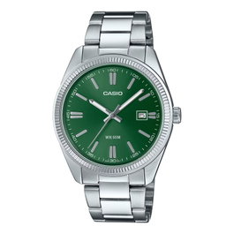 Casio MTP-1302PD-3AV con esfera verde y correa de acero inoxidable