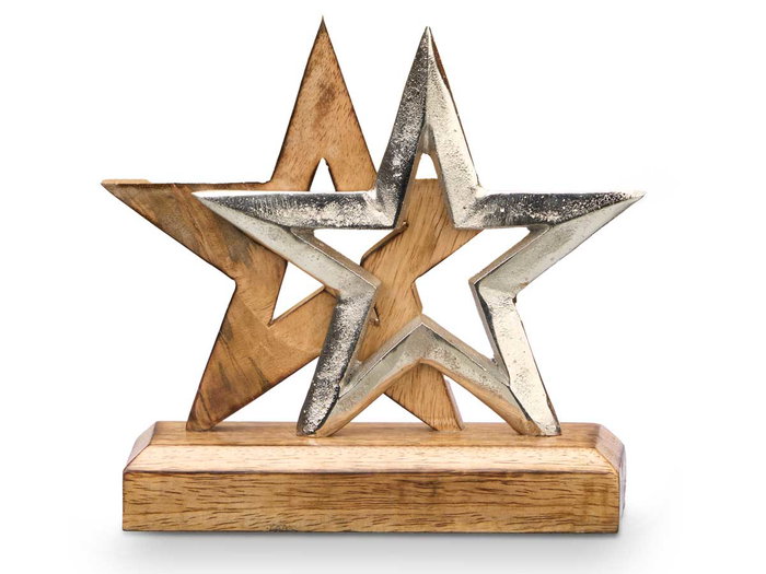 Giftdecor Soporte Decoracion Doble Estrella Plateado Metal Madera 15x15x6 cm (Set de 12)