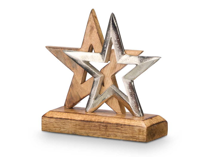 Giftdecor Soporte Decoracion Doble Estrella Plateado Metal Madera 15x15x6 cm (Set de 12)
