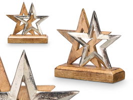 Giftdecor Soporte Decoracion Doble Estrella Plateado Metal Madera 15x15x6 cm (Set de 12)