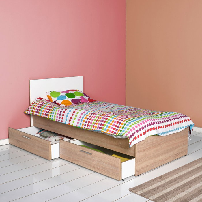 Hanah Home Kry-792-Sd-2 Somier Individual 100x195cm con 2 Cajones Sonomo y Blanco