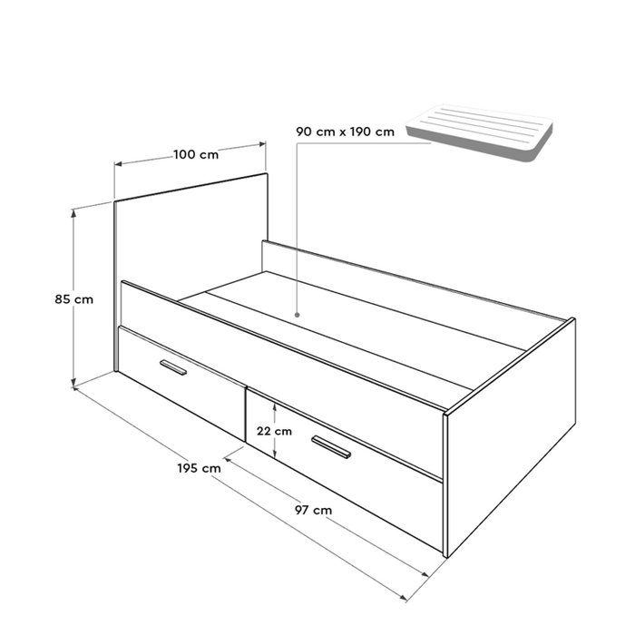 Hanah Home Kry-792-Sd-2 Somier Individual 100x195cm con 2 Cajones Sonomo y Blanco