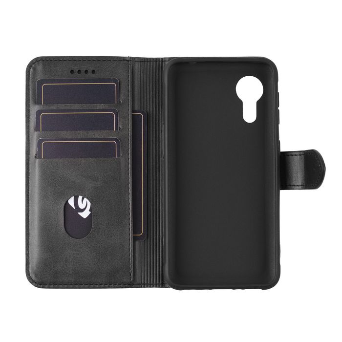 eSTUFF Funda Tipo Cartera para Samsung Galaxy Xcover 7, Negro, Cuero Sintético, con Ranura para 3 Tarjetas y Soporte Plegable