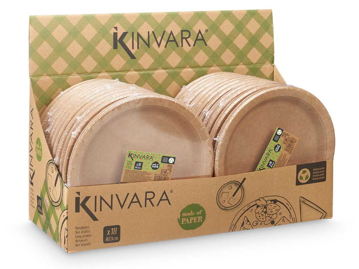 Kinvara Set 18 Platos Kraft Natural Papel 23 cm (Set de 48)