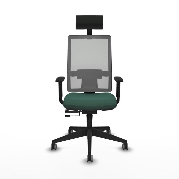 Silla de oficina Horna con mecanismo Sincro/Traslack tapizada con Tela color Verde botella y malla color Gris. Equipada con lumbar 1D, Brazos 1D, Cabecero Fijo y Ruedas 65 mm parqué