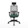 Silla de oficina Horna con mecanismo Sincro/Traslack tapizada con Tela color Verde botella y malla color Gris. Equipada con lumbar 1D, Brazos 1D, Cabecero Fijo y Ruedas 65 mm parqué