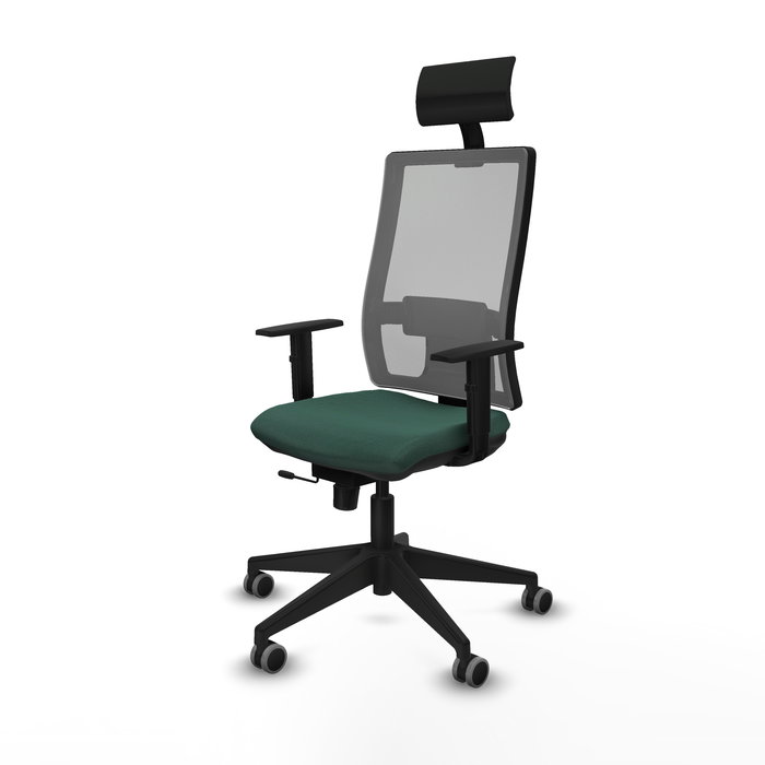 Silla de oficina Horna con mecanismo Sincro/Traslack tapizada con Tela color Verde botella y malla color Gris. Equipada con lumbar 1D, Brazos 1D, Cabecero Fijo y Ruedas 65 mm parqué