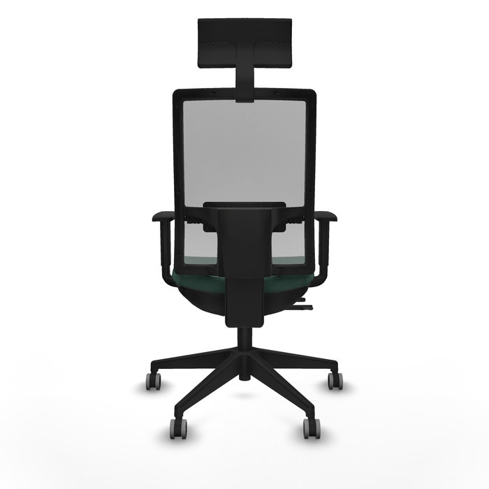 Silla de oficina Horna con mecanismo Sincro/Traslack tapizada con Tela color Verde botella y malla color Gris. Equipada con lumbar 1D, Brazos 1D, Cabecero Fijo y Ruedas 65 mm parqué