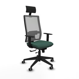 Silla de oficina Horna con mecanismo Sincro/Traslack tapizada con Tela color Verde botella y malla color Gris. Equipada con lumbar 1D, Brazos 1D, Cabecero Fijo y Ruedas 65 mm parqué