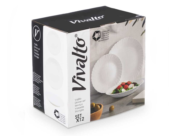 Vivalto Vajilla 12 Piezas Redonda Clásica Opal, Vidrio Blanco, Plato 24 cm + 21.5 cm + 19 cm, Dimensiones 25x13.5x25 cm (Set de 2) Vivalto Vajilla 12 Piezas Redonda Clásica Opal, Vidrio Blanco, Plato 24 cm + 21.5 cm + 19 cm, Dimensiones 25x13.5x25 cm (Set de 2)