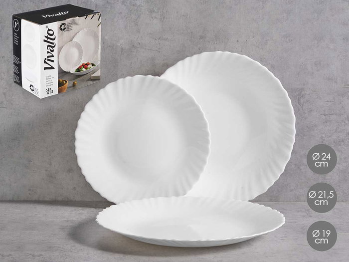 Vivalto Vajilla 12 Piezas Redonda Clásica Opal, Vidrio Blanco, Plato 24 cm + 21.5 cm + 19 cm, Dimensiones 25x13.5x25 cm (Set de 2) Vivalto Vajilla 12 Piezas Redonda Clásica Opal, Vidrio Blanco, Plato 24 cm + 21.5 cm + 19 cm, Dimensiones 25x13.5x25 cm (Set de 2)