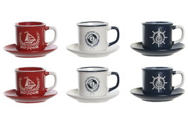 DKD Home Decor Set de 6 Tazas de Café de Gres Grabado Azul