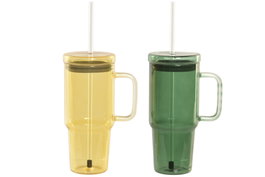 DKD Home Decor Set de 2 Tazas de Borosilicato y Silicona, 900 ml, Verde y Ámbar