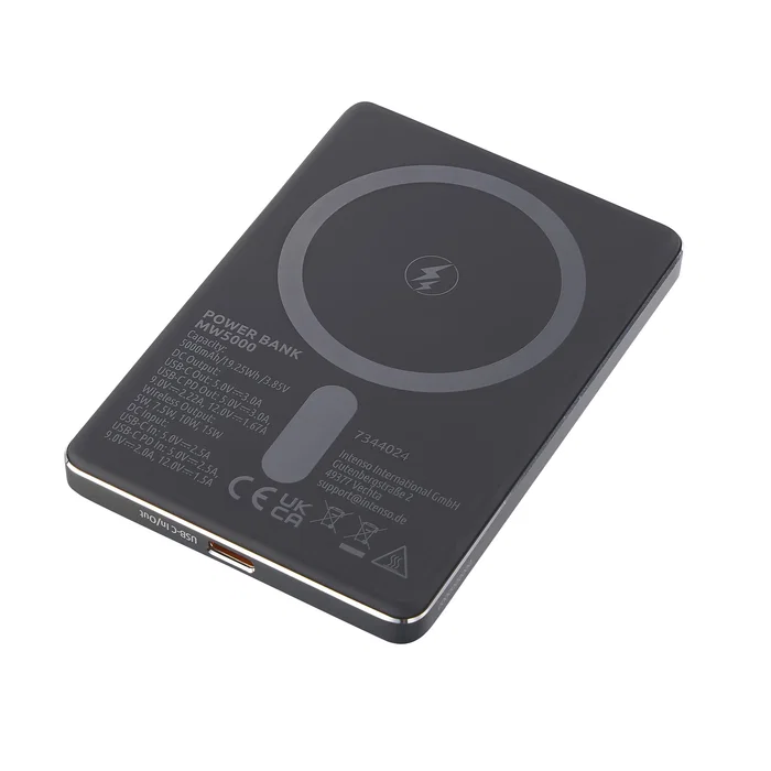 Intenso MW5000 Batería Externa Power Bank 5000 mAh Magsafe, Carga Inalámbrica 15W, USB-C PD 20W, Carga Rápida PPS, Delgada Compacta, Color Gris