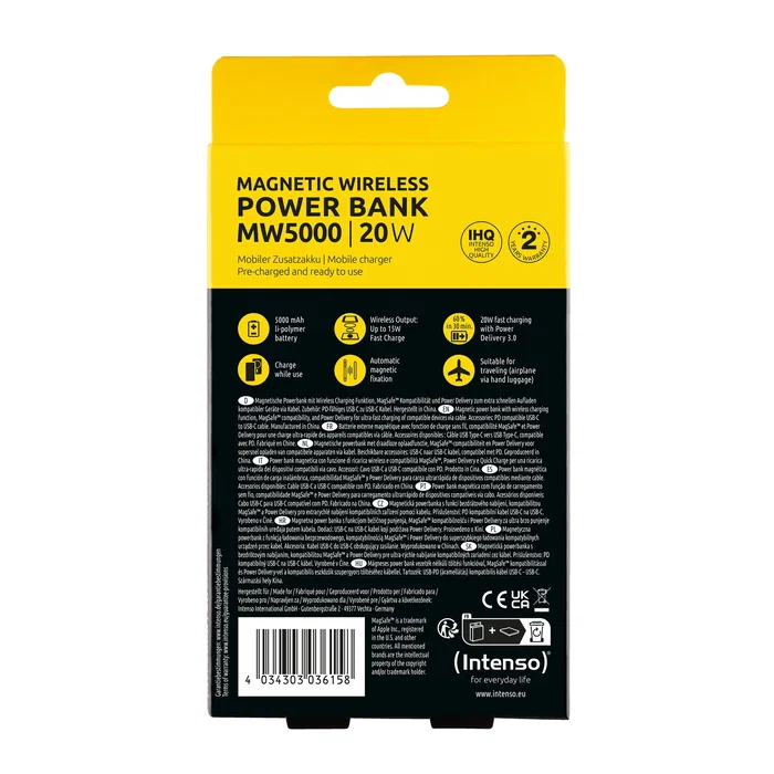 Intenso MW5000 Batería Externa Power Bank 5000 mAh Magsafe, Carga Inalámbrica 15W, USB-C PD 20W, Carga Rápida PPS, Delgada Compacta, Color Gris