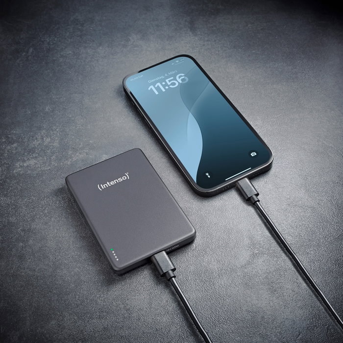 Intenso MW5000 Batería Externa Power Bank 5000 mAh Magsafe, Carga Inalámbrica 15W, USB-C PD 20W, Carga Rápida PPS, Delgada Compacta, Color Gris