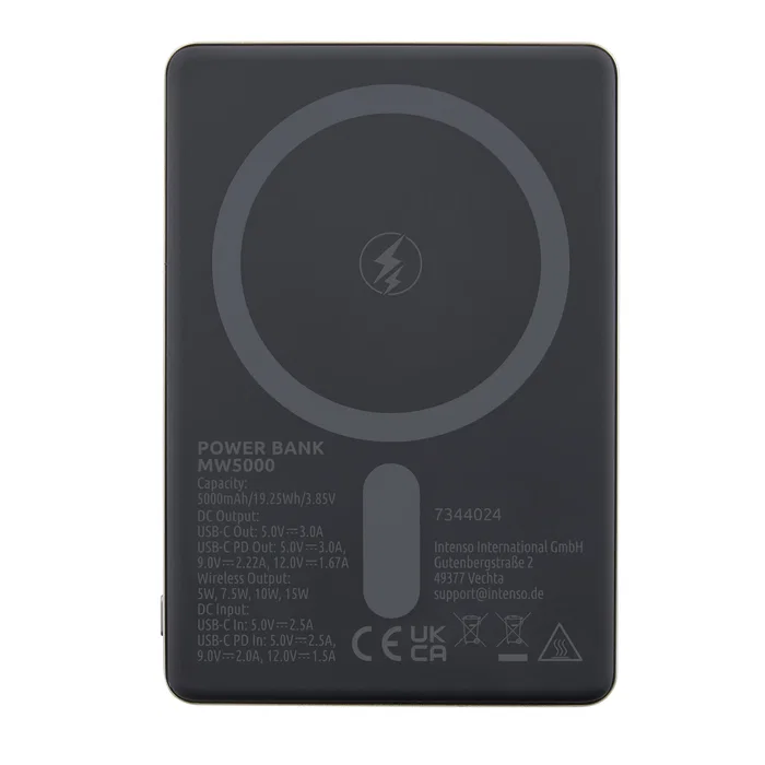 Intenso MW5000 Batería Externa Power Bank 5000 mAh Magsafe, Carga Inalámbrica 15W, USB-C PD 20W, Carga Rápida PPS, Delgada Compacta, Color Gris