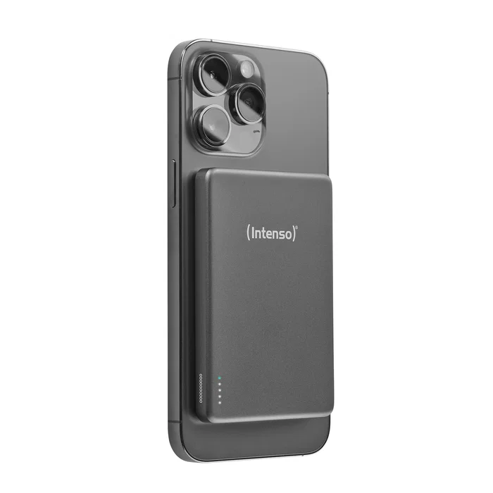 Intenso MW5000 Batería Externa Power Bank 5000 mAh Magsafe, Carga Inalámbrica 15W, USB-C PD 20W, Carga Rápida PPS, Delgada Compacta, Color Gris