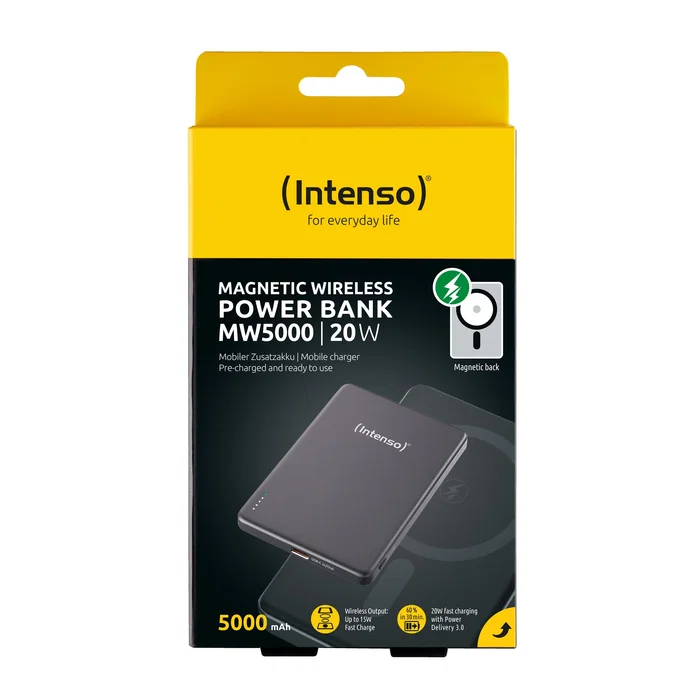 Intenso MW5000 Batería Externa Power Bank 5000 mAh Magsafe, Carga Inalámbrica 15W, USB-C PD 20W, Carga Rápida PPS, Delgada Compacta, Color Gris