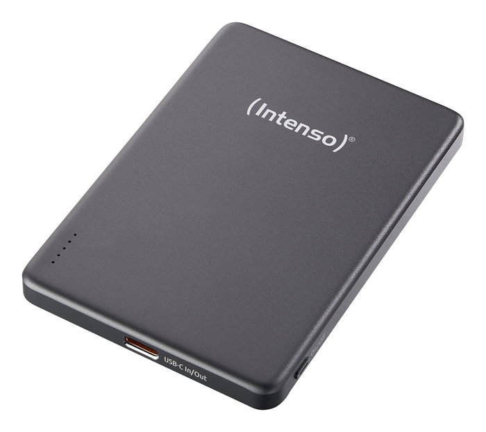 Intenso MW5000 Batería Externa Power Bank 5000 mAh Magsafe, Carga Inalámbrica 15W, USB-C PD 20W, Carga Rápida PPS, Delgada Compacta, Color Gris