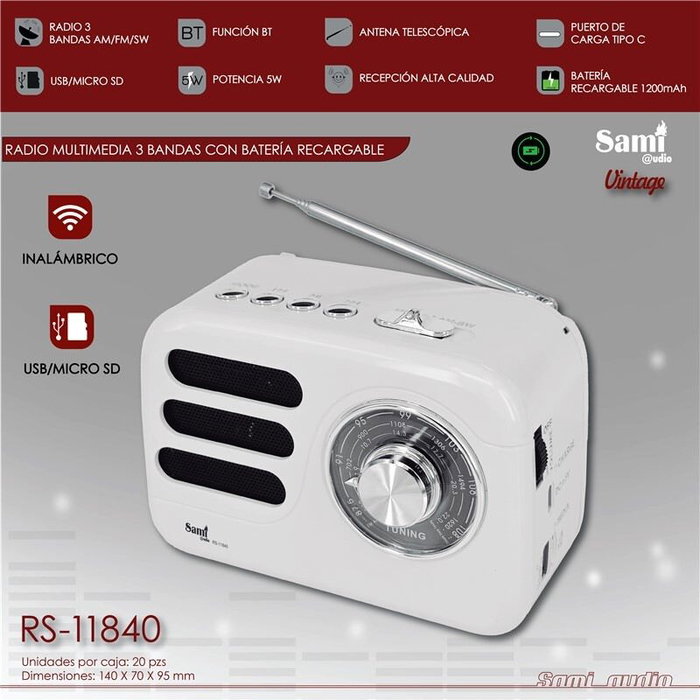 SAMI Radio Vintage Blanco Multimedia 3 Bandas con Bluetooth