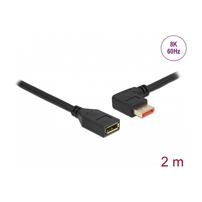 DeLOCK Cable Alargador DisplayPort 1.4 2m, Macho Angular 90 Izquierda a Hembra, 8K 60Hz 7680x4320, 32.4 Gbit/s, HDR, DSC, HDCP, Cable Redondo Negro Blindado