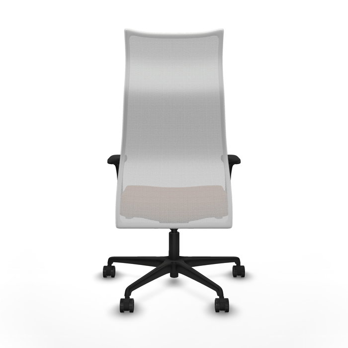 Sillón Albacete con mecanismo Sincro tapizada con Similpiel color Marrón y malla color Blanco. Equipado con Base nailon negra, Brazos 1D y Ruedas 65mm nailon