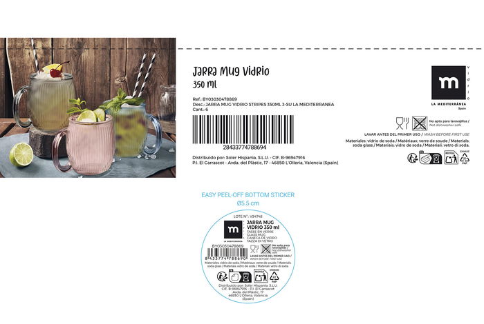 La Mediterranea Jarra Mug Vidrio Stripes 350 ml - 12.5 x 9.5 x 10 cm (24 Unidades)