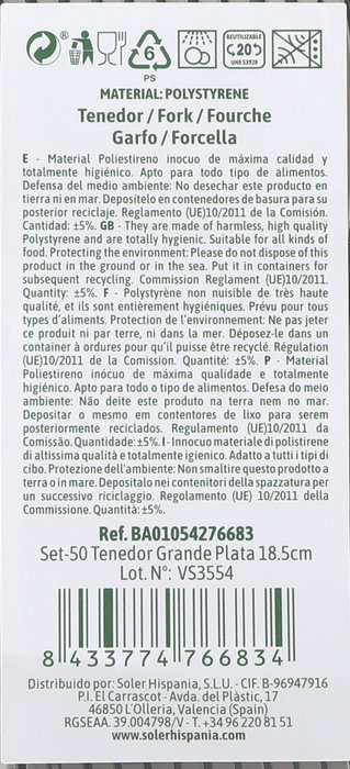 Algon Set 50 Tenedor Grande Plata 18.5 cm (12 Unidades)