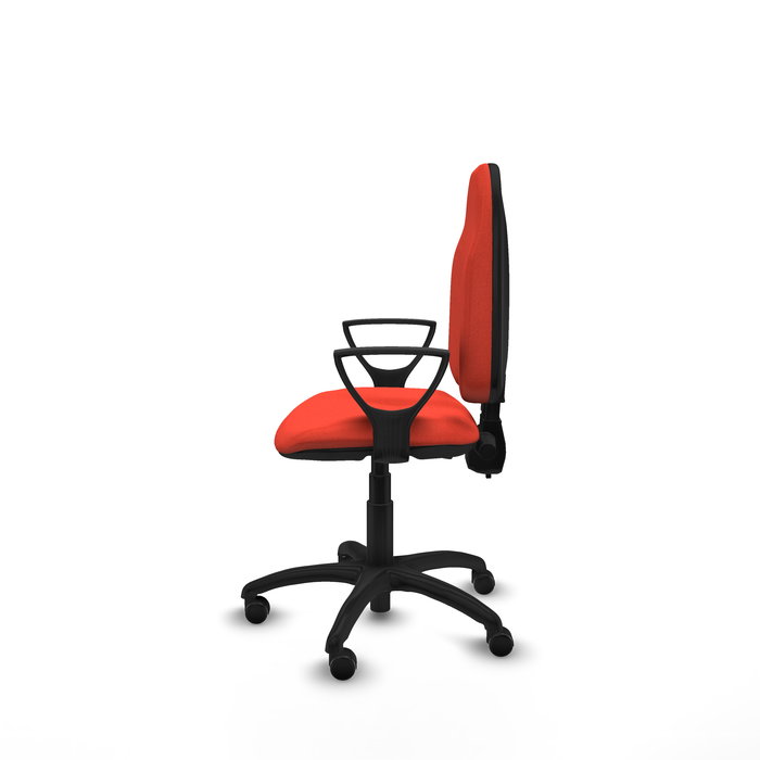 Silla de oficina Algarra con mecanismo Contacto permanente de doble maneta tapizada con Tela color Naranja oscuro. Equipada con Base poliamida negra, Brazos fijos y Ruedas autofrenantes