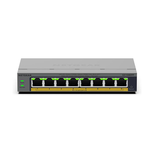 NETGEAR GS108EPP Switch Gigabit PoE+ de 8 Puertos, 4 Puertos PoE+ 123W, Smart Managed L3, Desktop/Pared, 10/100/1000Mbps, QoS, VLAN, Jumbo Frames, Metal Gris