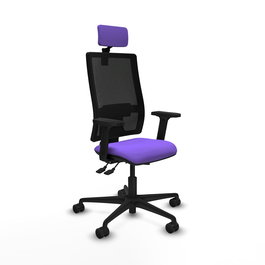 Silla de oficina Bormate con mecanismo Asincro tapizada con Tela color Lila y malla color Negro. Equipada con lumbar 1D, Brazos 2D, Cabecero 2D y Ruedas 65mm nailon