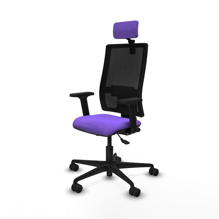 Silla de oficina Bormate con mecanismo Asincro tapizada con Tela color Lila y malla color Negro. Equipada con lumbar 1D, Brazos 2D, Cabecero 2D y Ruedas 65mm nailon