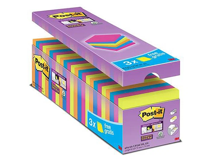 Post-it Bloc de notas adhesivas super sticky 76x76 mm 90 hojas colores surtidos pack 21+3 Post-it Bloc de notas adhesivas super sticky 76x76 mm 90 hojas colores surtidos pack 21+3