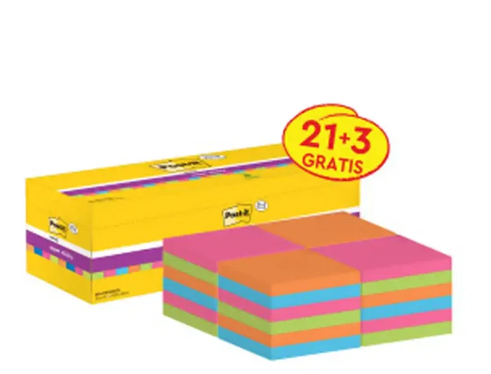 Post-it Bloc de notas adhesivas super sticky 76x76 mm 90 hojas colores surtidos pack 21+3 Post-it Bloc de notas adhesivas super sticky 76x76 mm 90 hojas colores surtidos pack 21+3