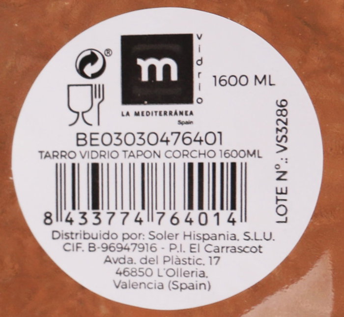 La Mediterranea Tarro de Vidrio con Tapón de Corcho 1600ml, Pack de 8 unidades