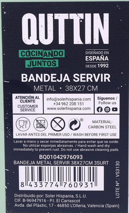 Quttin Bandeja Metal para Servir 38 x 27 cm (3 Surtidos) (12 Unidades)