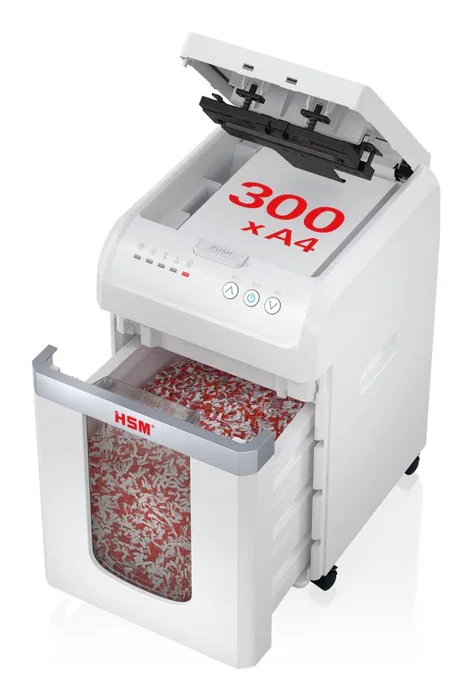 HSM shredstar Autofeed X300 Destructora de Documentos con Alimentación Automática, Nivel Seguridad P-4 (4x12mm), Corte en Partículas, 300 Hojas, 23 cm, Plata y Blanco, 220-240V