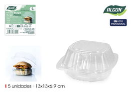 Algon Set 5 Envases Bisagra Burger PS 13 x 7 x 13 cm (24 Unidades)