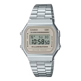 Casio A168WA-8A con esfera beige y correa de acero gris