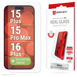 Displex Protector de Pantalla de Vidrio Templado 10H para iPhone 15 Plus / 15 Pro Max / 16 Plus - Kit Completo de Aplicación en Seco, Anti-Huellas, Transparente - 02013