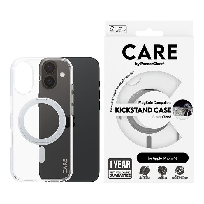 PanzerGlass Funda CARE Silver Kickstand MagSAFE para iPhone 16 Transparente