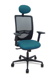 Silla de oficina Zulema con mecanismo Sincro tapizada con Tela color Verde petróleo y malla color Negro. Equipada con lumbar 1D, Brazos 2D, Cabecero Fijo y Ruedas 65mm nailon