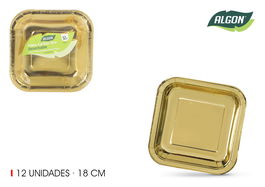 Algon Set 12 Platos de Cartón Cuadrados Color Oro 18 cm (18 Unidades)