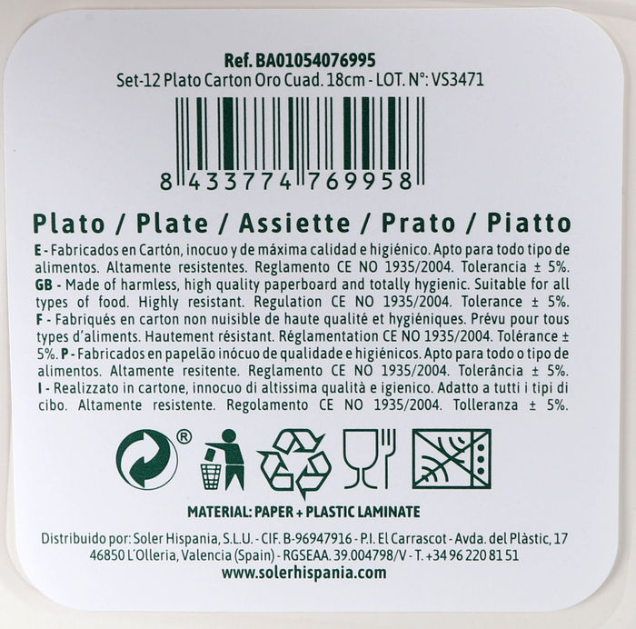 Algon Set 12 Platos de Cartón Cuadrados Color Oro 18 cm (18 Unidades)