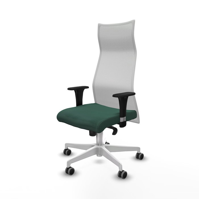 Sillón Albacete con mecanismo Sincro tapizada con Tela color Verde botella y malla color Blanco. Equipado con Base poliamida blanca, Brazos 1D y Ruedas 65 mm parqué