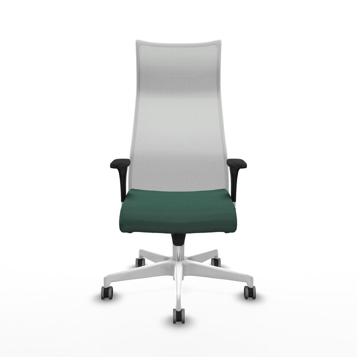 Sillón Albacete con mecanismo Sincro tapizada con Tela color Verde botella y malla color Blanco. Equipado con Base poliamida blanca, Brazos 1D y Ruedas 65 mm parqué